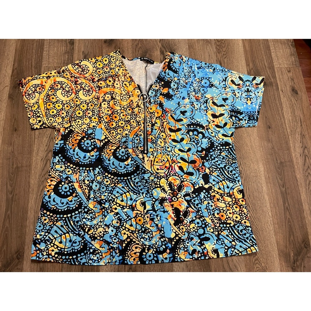 Sheilay Shirt, Womens Size XXL, Yellow Blue Black, Floral, 1/4 Zip, Short Sleeve
